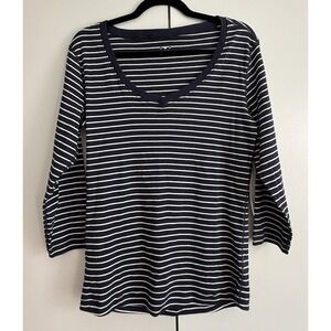 Three Dots Navy White Stripe V Neck 3/4‎ Sleeve Tee Top Women's Size L